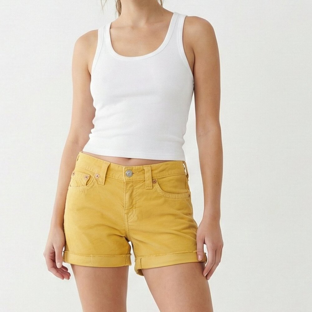 ✨ True Religion Romy Yellow Raw Hem Shorts Cotton Poplin Made in USA